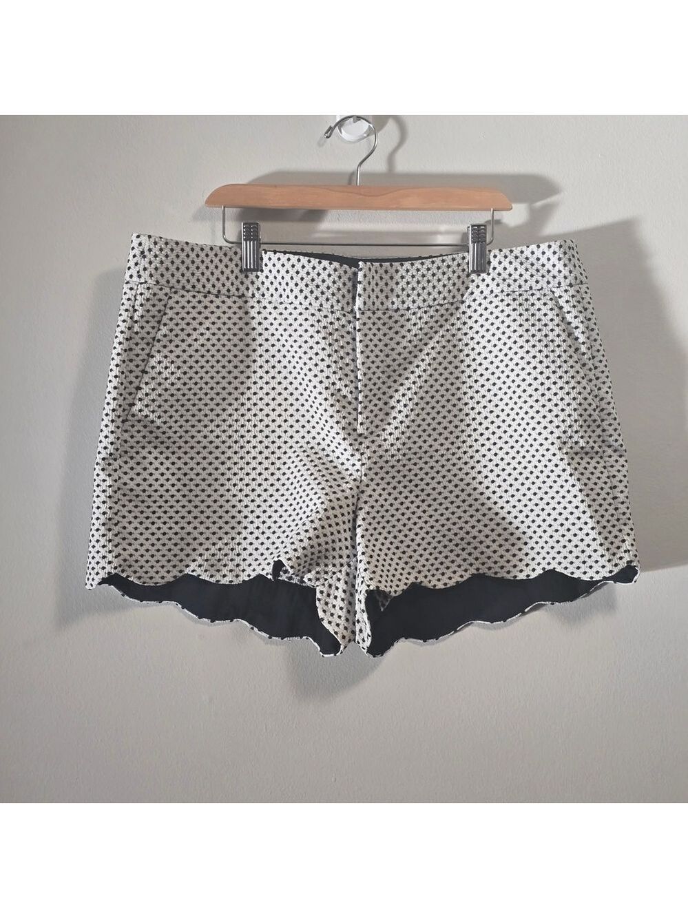 Elle White Tailored Shorts with Black Polka Dots and Scalloped Hem